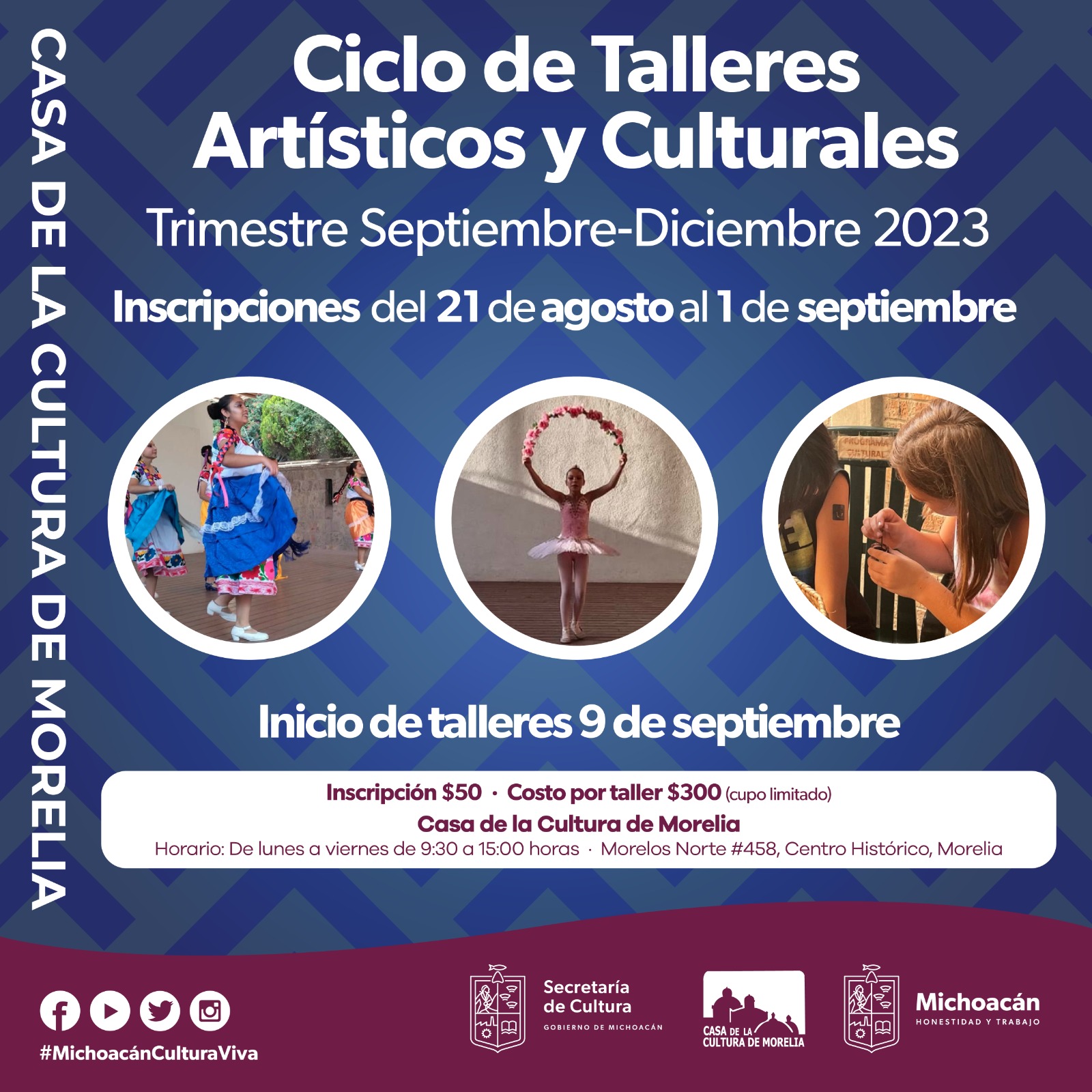 Próximo lunes inician inscripciones a talleres de la Casa de la Cultura de Morelia Próximo lunes inician inscripciones a talleres de la Casa de la Cultura de Morelia