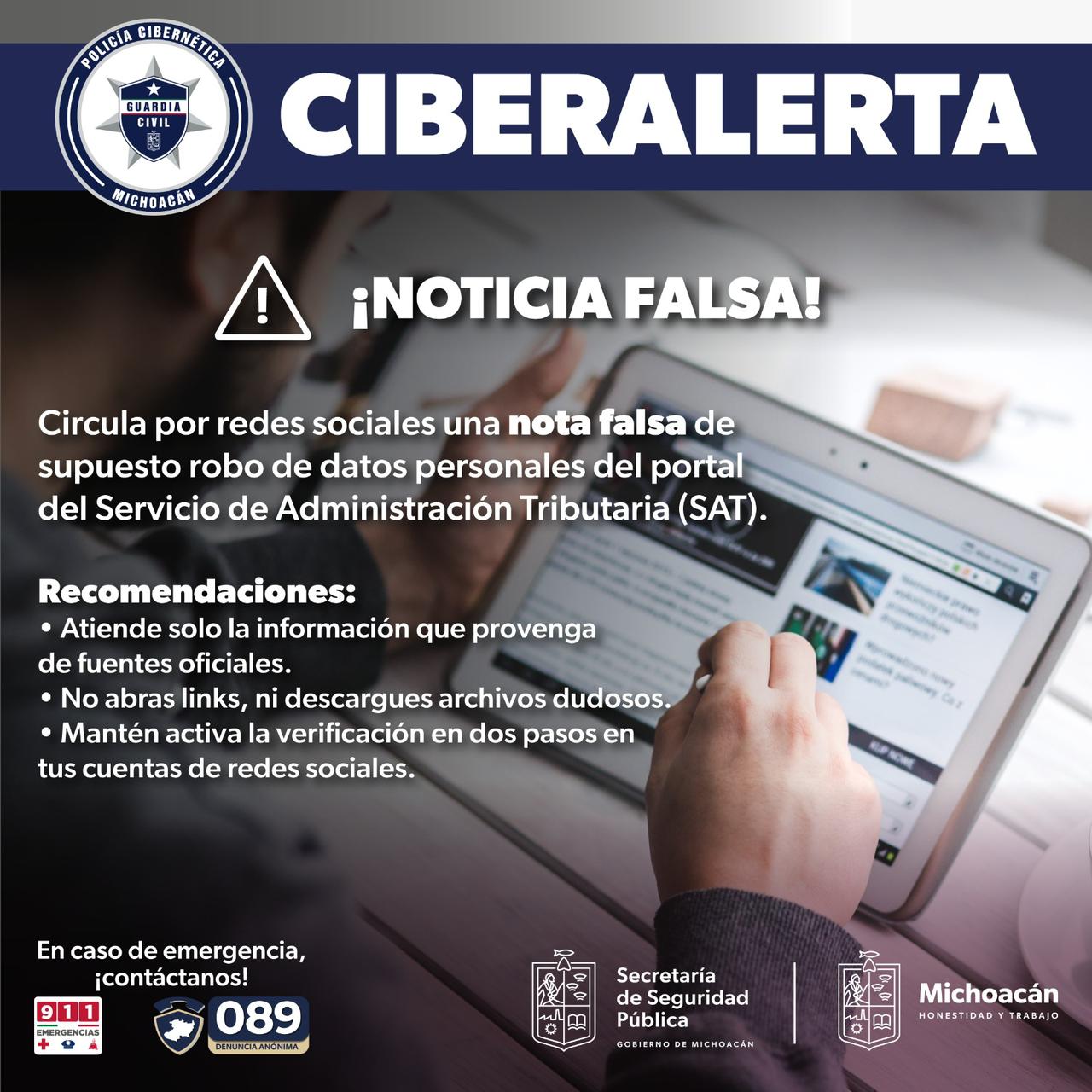 Alerta sobre mensaje falso de robo de información del SAT, en redes sociales Alerta sobre mensaje falso de robo de información del SAT, en redes sociales