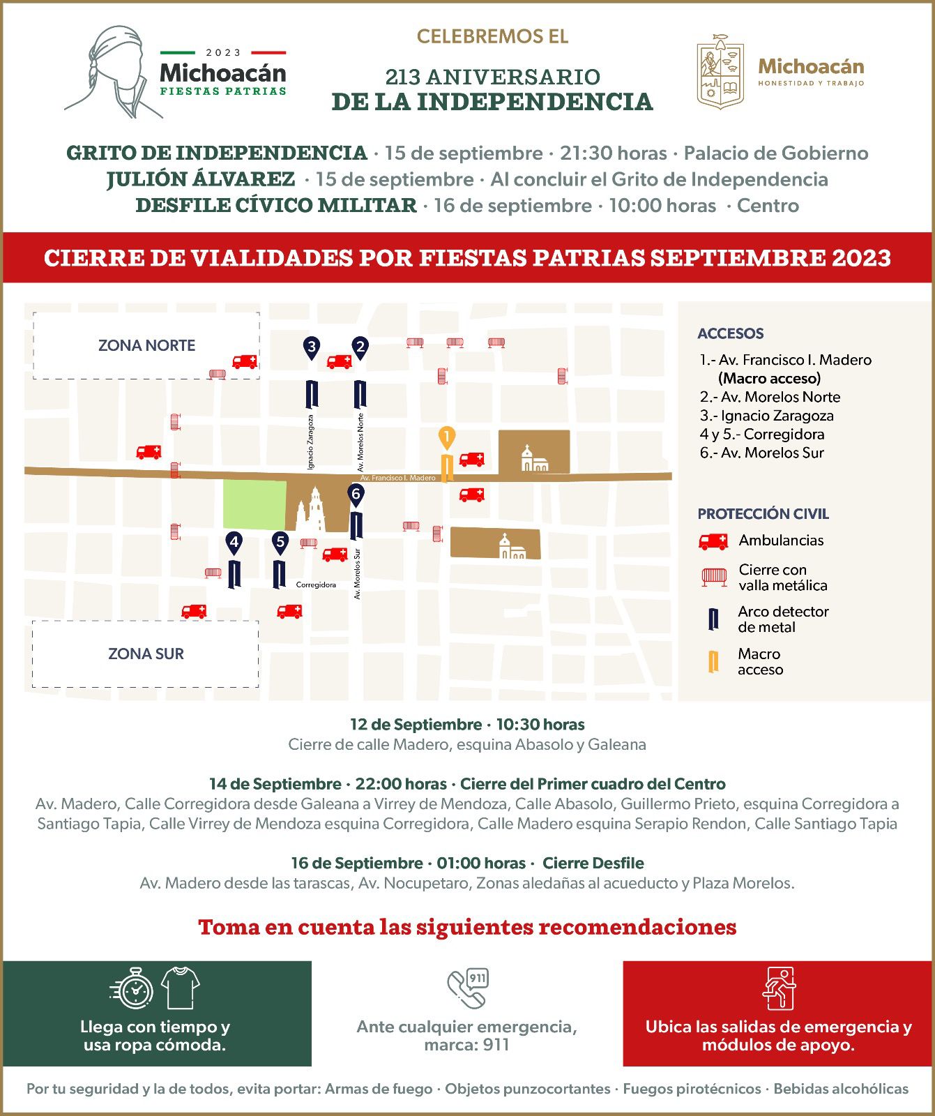 Por fiestas patrias, hoy martes inician cortes viales en Centro Histórico de Morelia