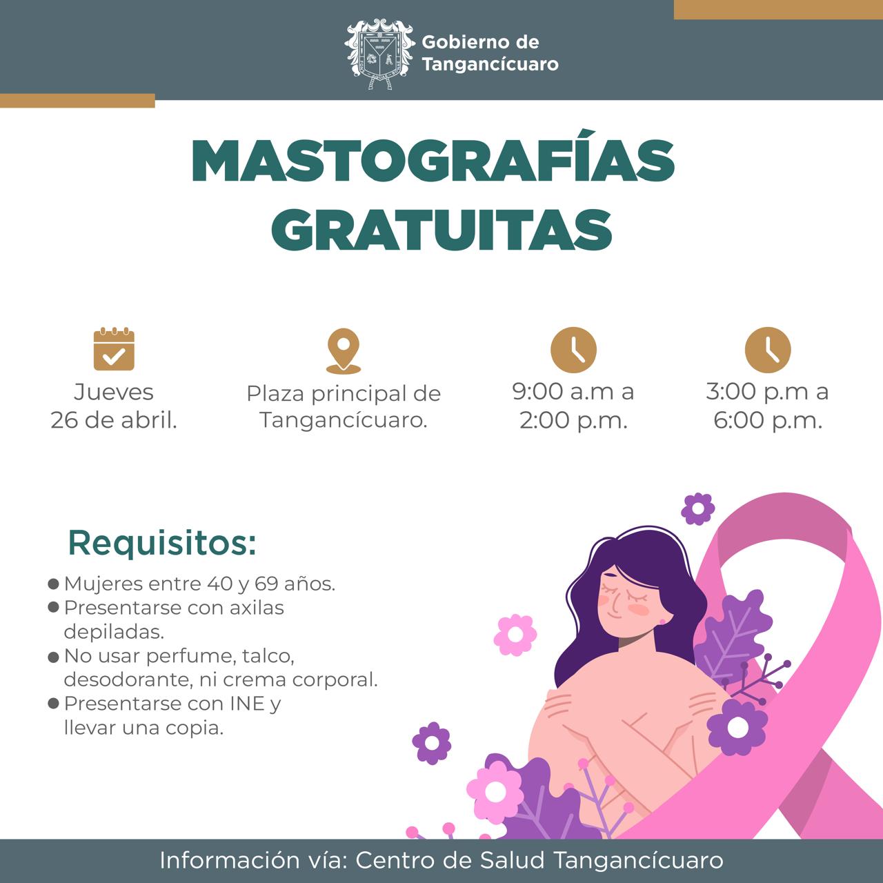 Mastografías gratuitas este viernes en Tangancícuaro