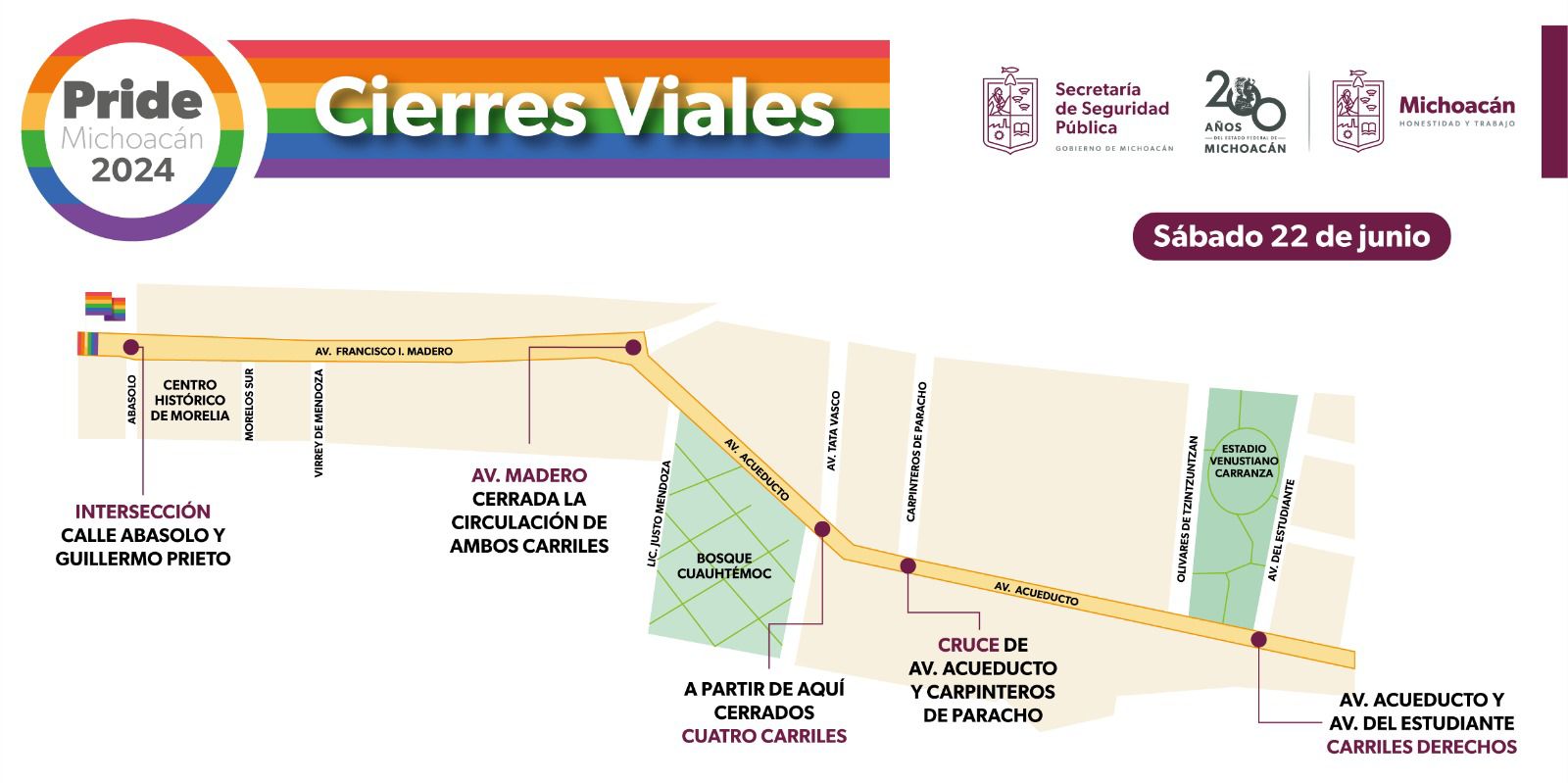 Conoce los cierres viales en Morelia por la marcha del orgullo