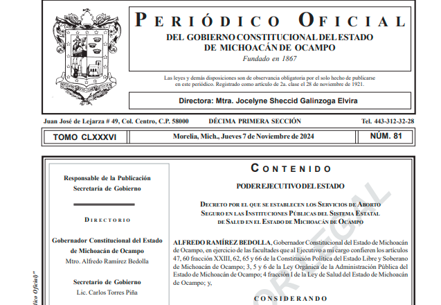 Michoacán publica decreto para el aborto seguro en el sector salud