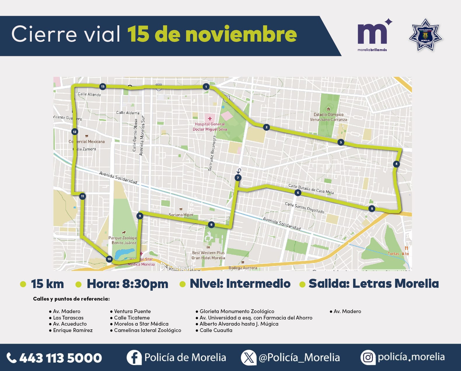 Morelia informa sobre cortes viales del 15 al 17 de noviembre