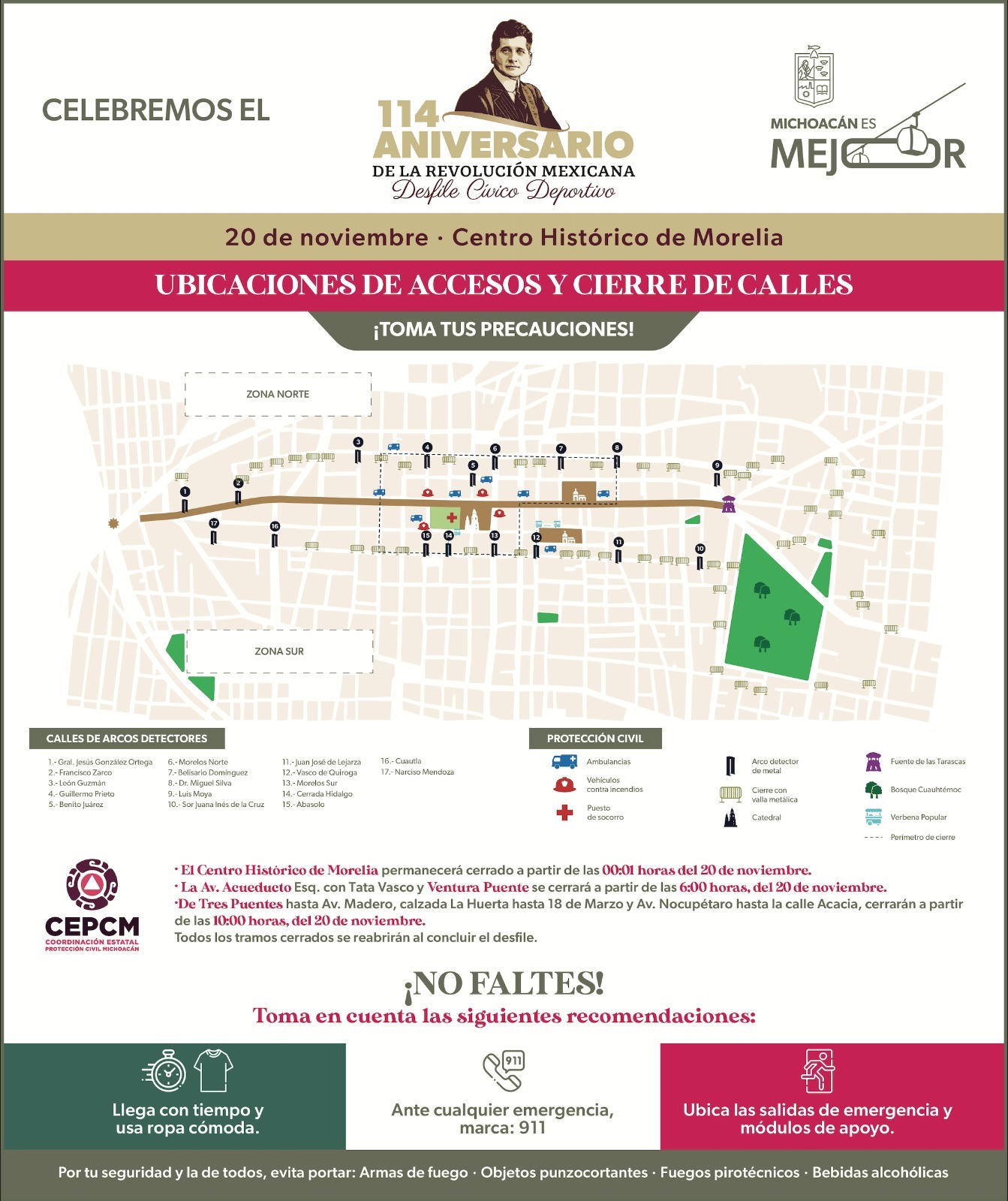 Accesos al Centro de Morelia por el desfile de la Revolución Mexicana: SSP