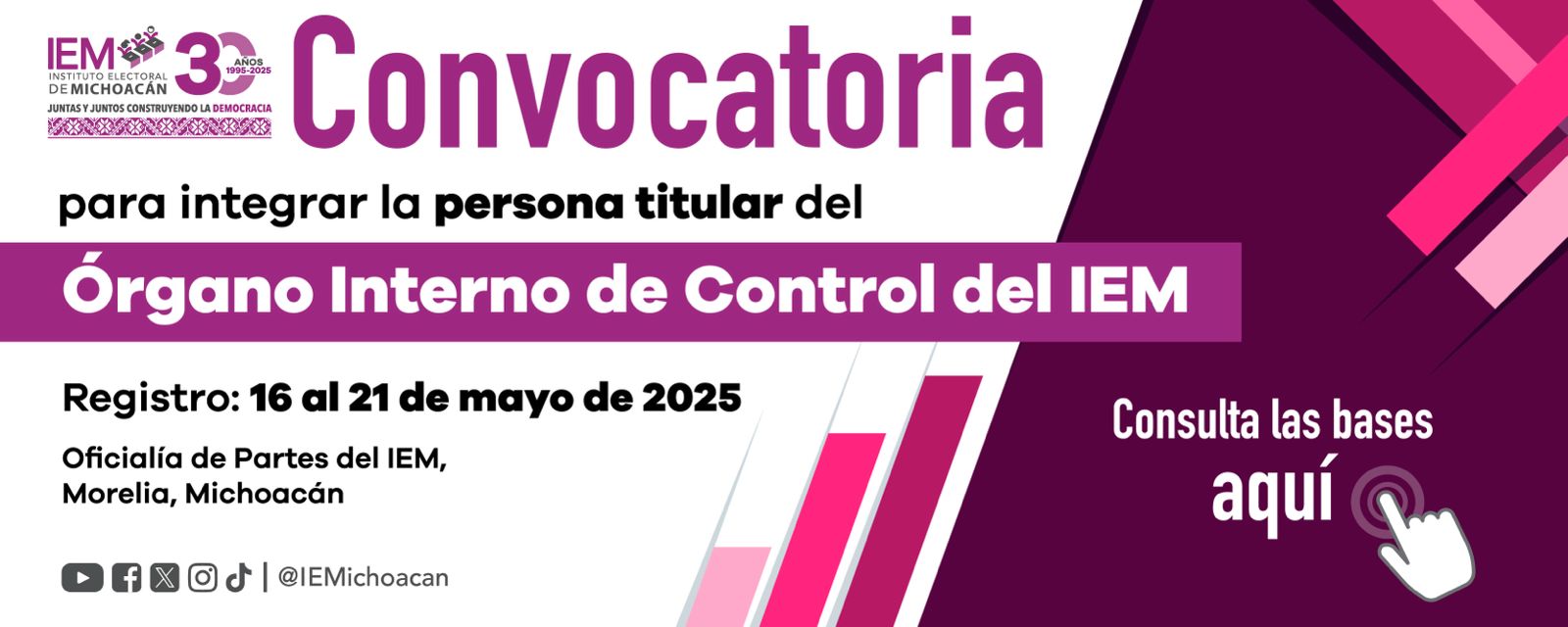 Inicia recepción de documentos para ocupar la titularidad del órgano de control interno del IEM Inicia recepción de documentos para ocupar la titularidad del órgano de control interno del IEM