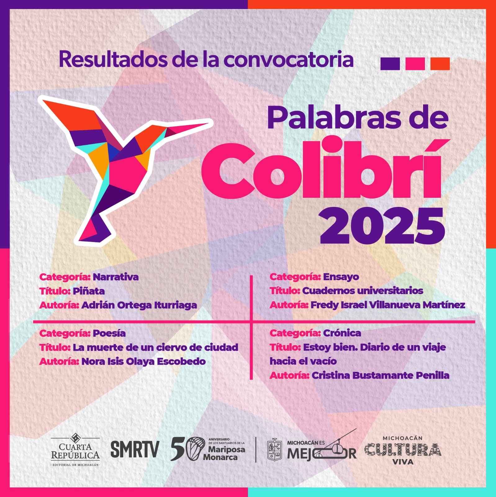Estas son las obras ganadoras de la convocatoria Palabras de Colibrí: Secum Estas son las obras ganadoras de la convocatoria Palabras de Colibrí: Secum