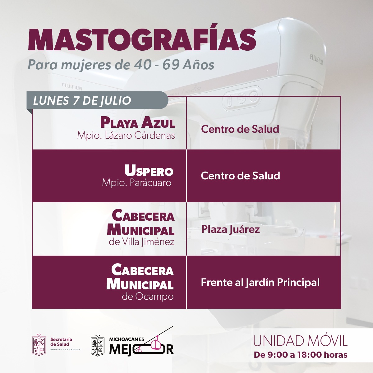 Mastografías gratuitas en 8 municipios del 7 al 11 de julio: SSM Mastografías gratuitas en 8 municipios del 7 al 11 de julio: SSM