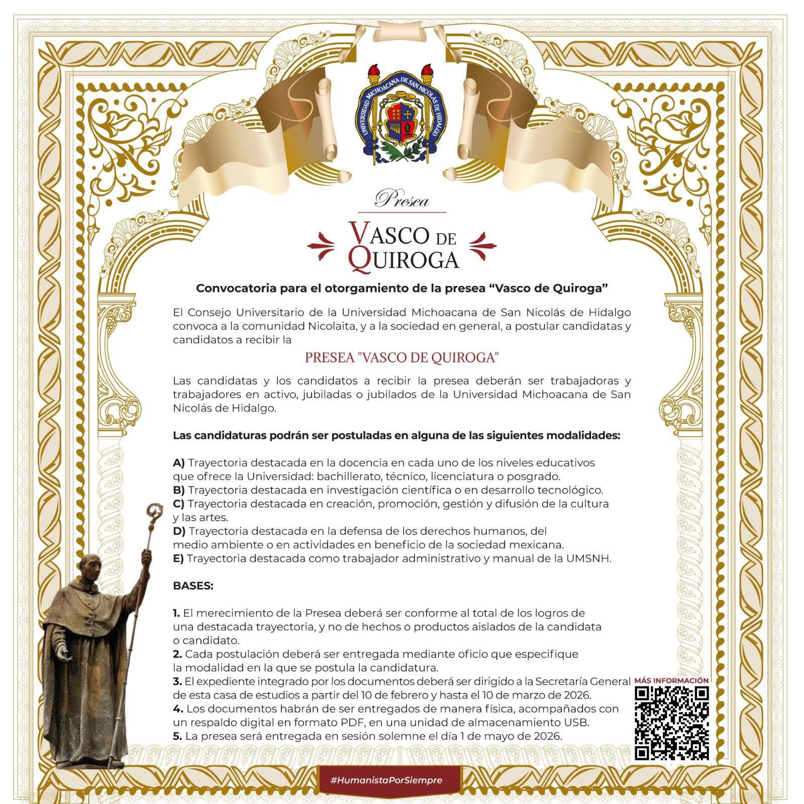 Lista la convocatoria de la Presea “Vasco de Quiroga”; UMSNH invita a participar con propuestas Lista la convocatoria de la Presea “Vasco de Quiroga”; UMSNH invita a participar con propuestas