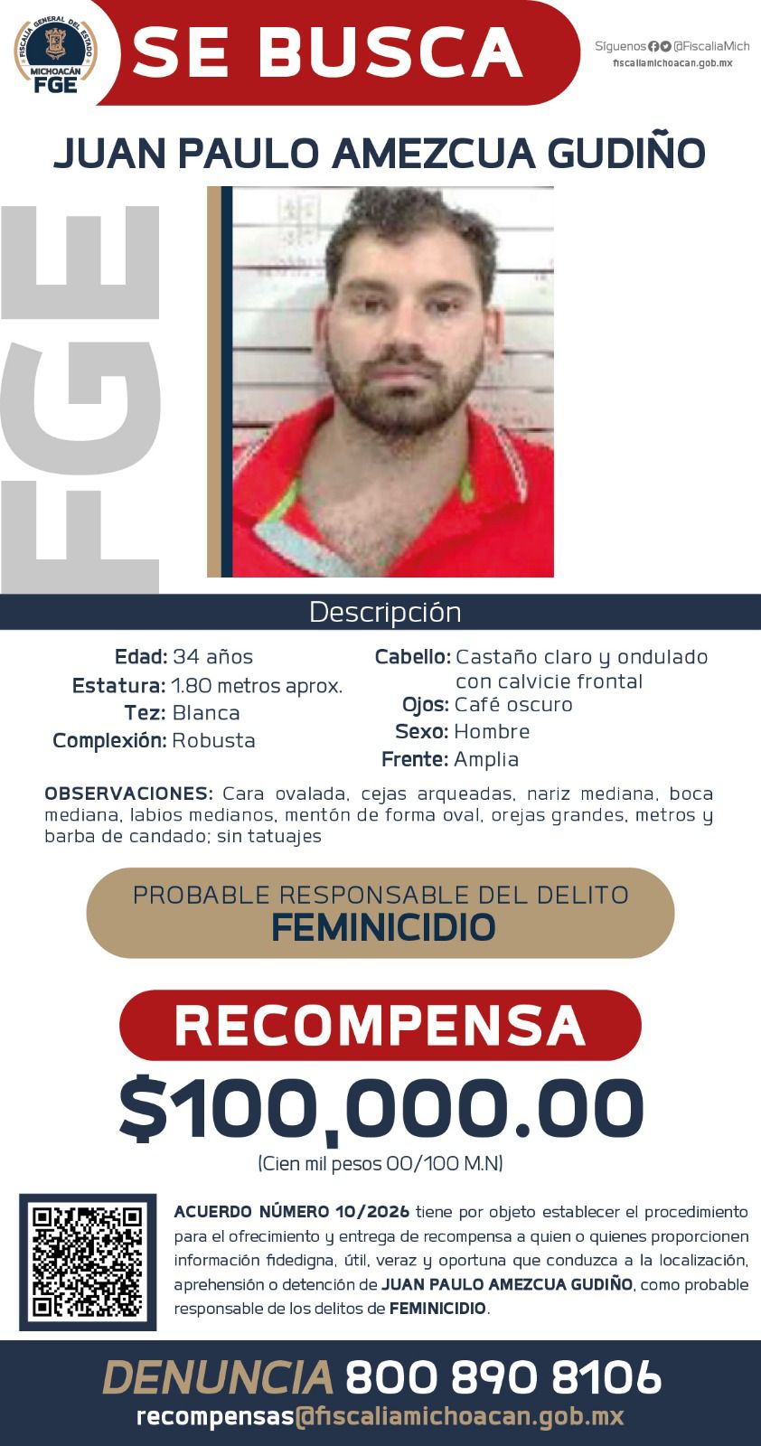 Ofrece FGE recompensa para ubicar y detener a Juan Paulo Amezcua Gudiño, presunto responsable del feminicidio de Frida S. Ofrece FGE recompensa para ubicar y detener a Juan Paulo Amezcua Gudiño, presunto responsable del feminicidio de Frida S.
