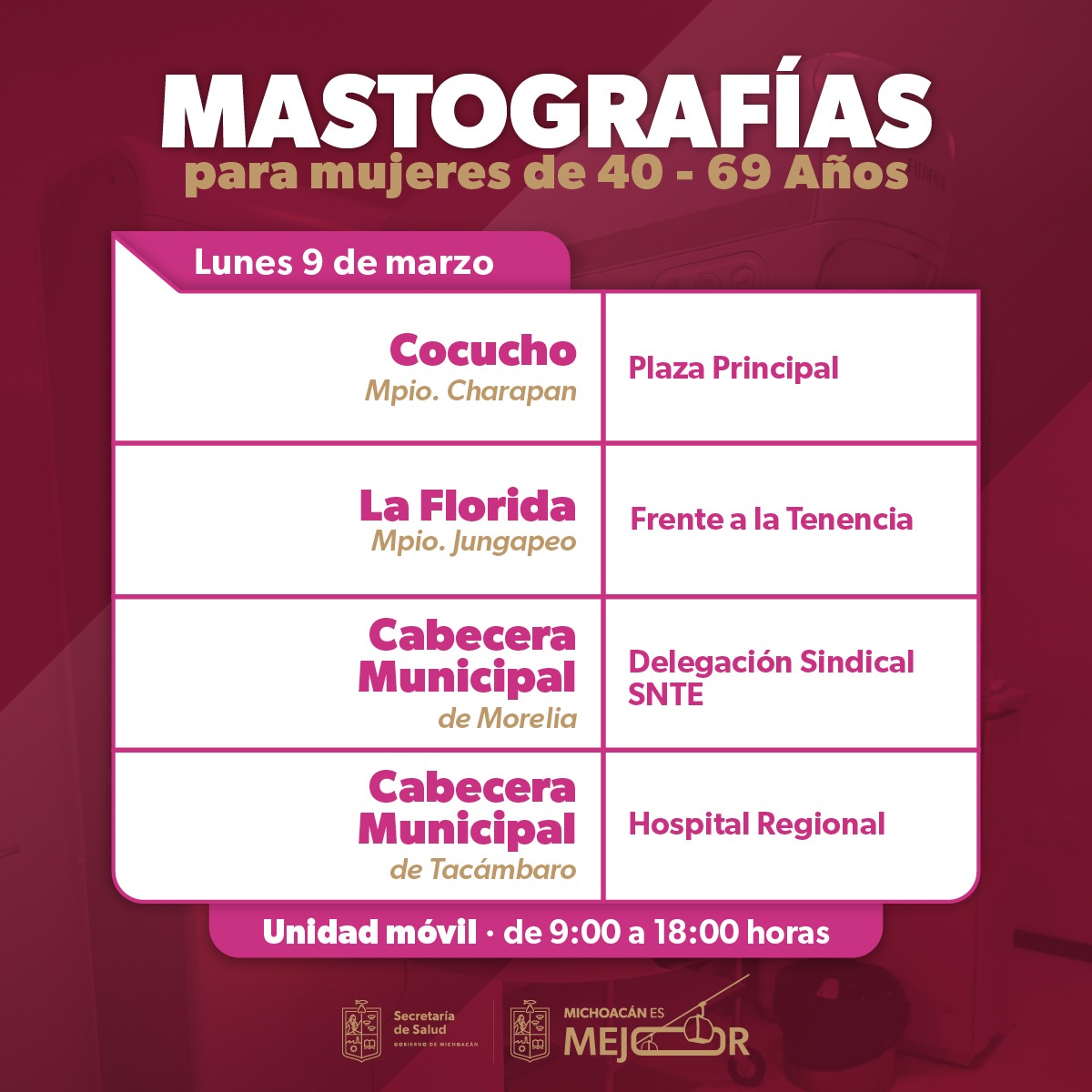 SSM llevará mastografías gratuitas a 9 municipios SSM llevará mastografías gratuitas a 9 municipios