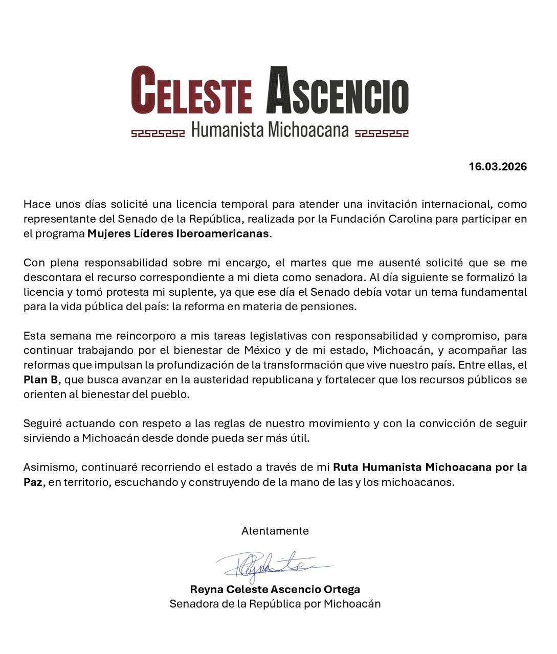 Esta semana me reincorporo a mis tareas legislativas: Celeste Ascencio