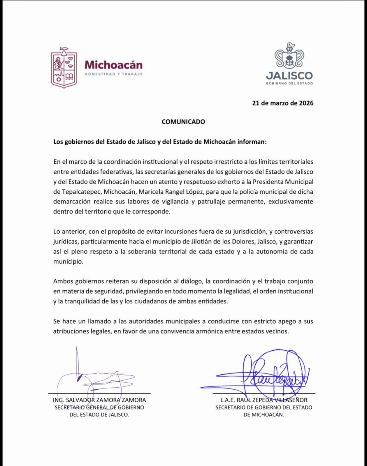 Gobiernos de Michoacán y Jalisco piden a alcaldesa de Tepalcatepec acatar disposiciones en materia de seguridad Gobiernos de Michoacán y Jalisco piden a alcaldesa de Tepalcatepec acatar disposiciones en materia de seguridad