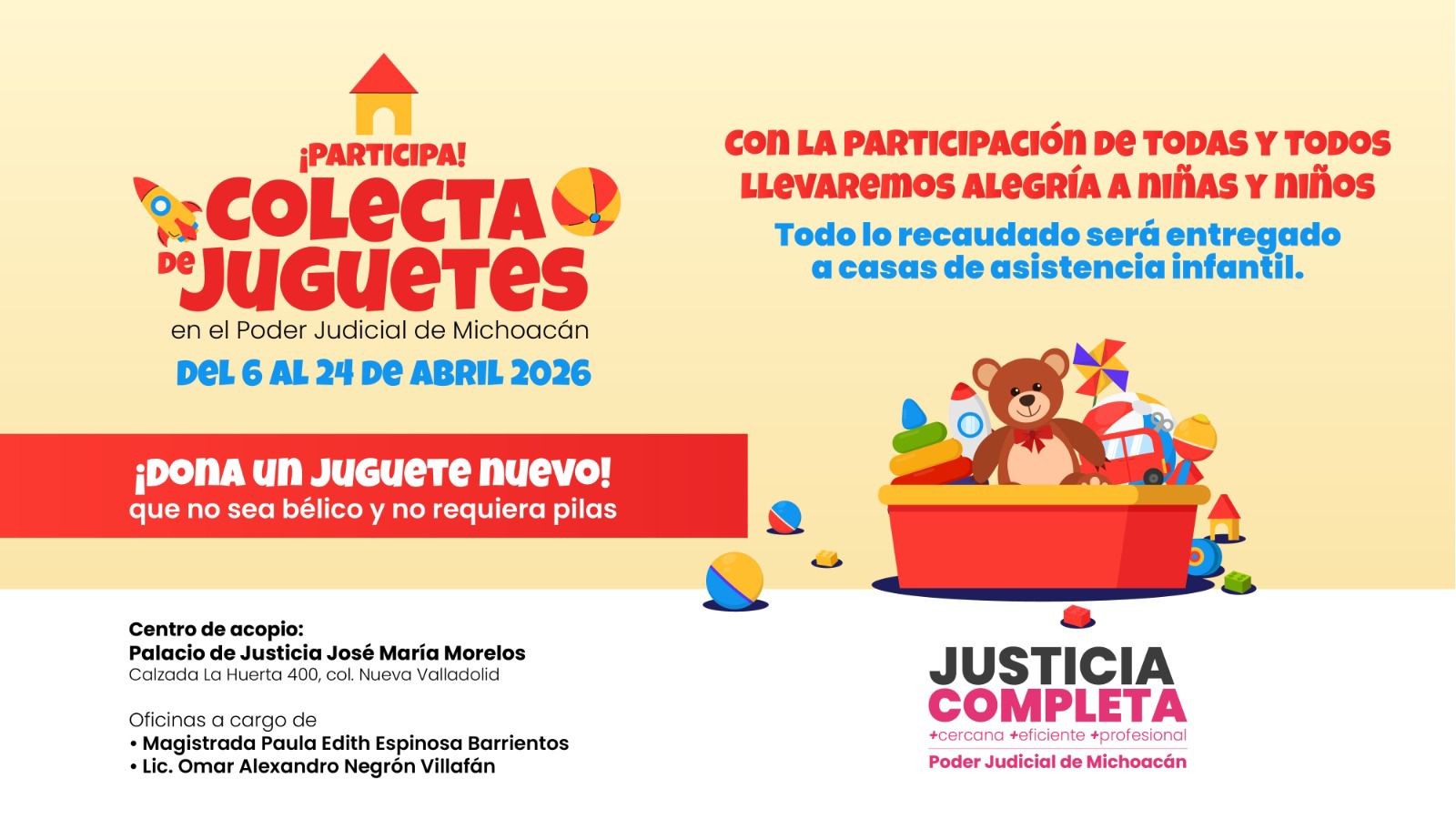 Invita Poder Judicial de Michoacán a participar en colecta de juguetes por el Día del Niño y la Niña Invita Poder Judicial de Michoacán a participar en colecta de juguetes por el Día del Niño y la Niña