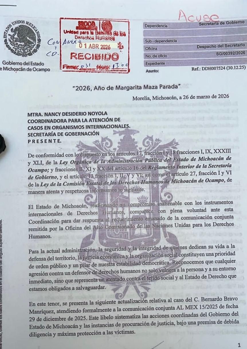 Gobierno de Michoacán informa a la ONU avances en el caso de Bernardo Bravo; hay detenciones y judicialización de implicados