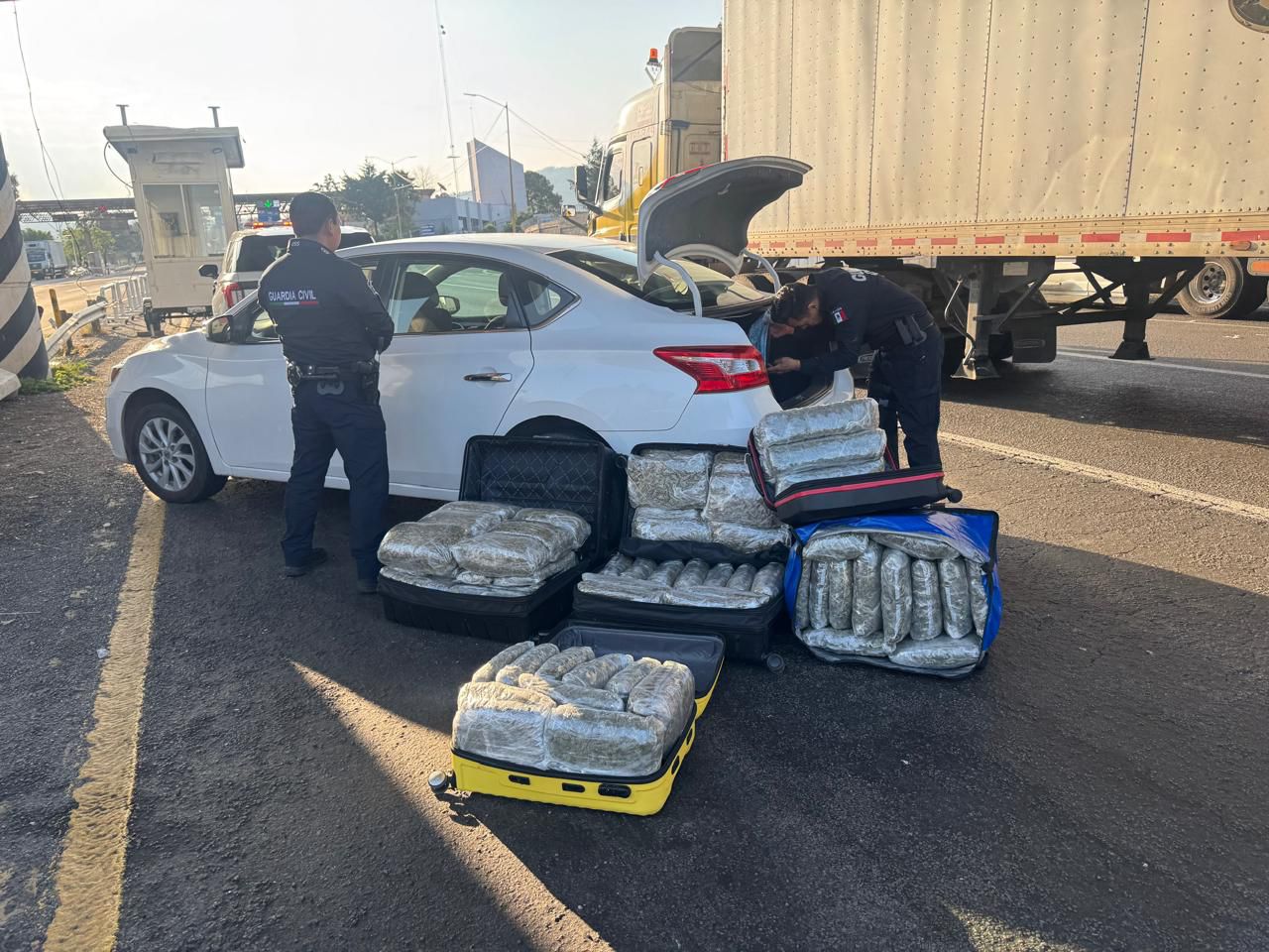 Aseguran Guardianes del Camino 5 maletas con 65 kilos de mariguana en la Autopista de Occidente: SSP
