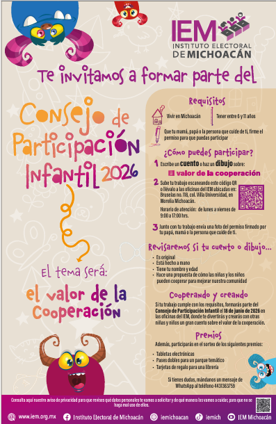 Invita IEM a niñas y niños michoacanos a formar parte del Consejo de Participación Infantil 2026