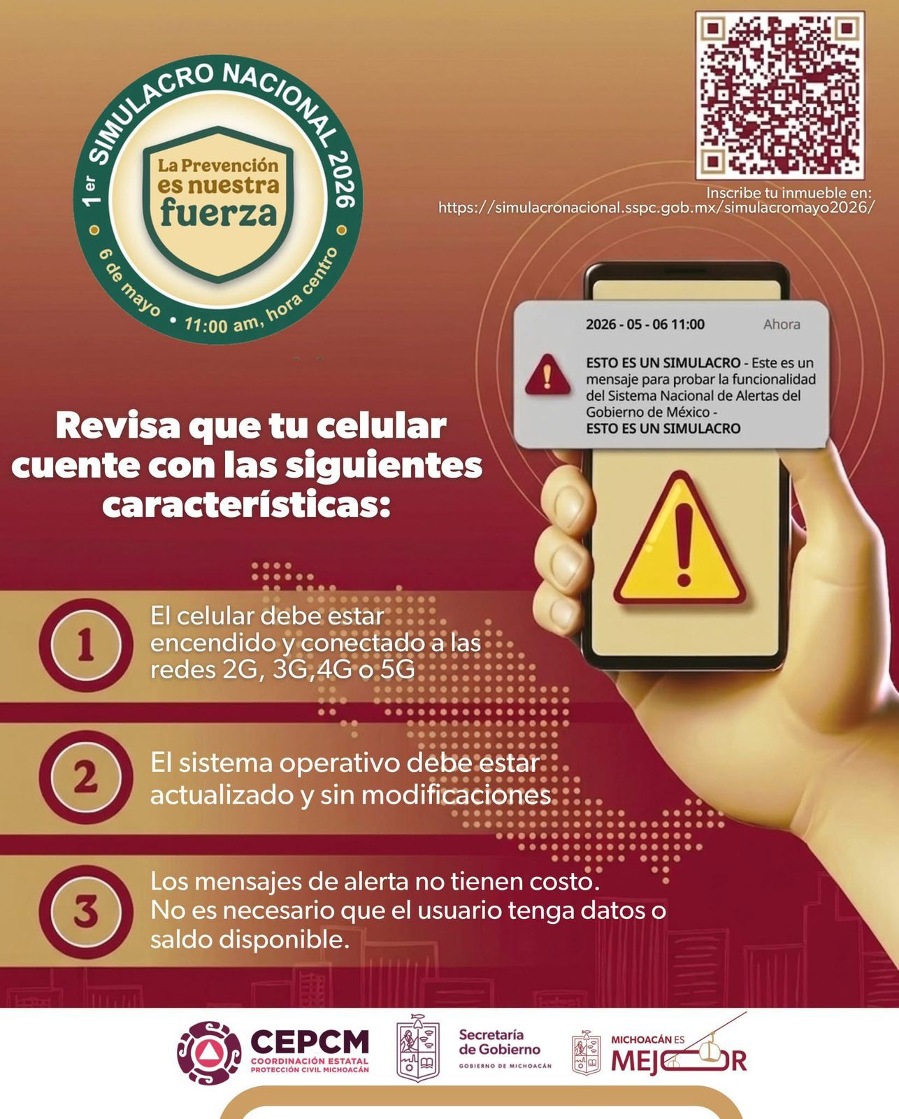 Más de 2 mil 500 inmuebles participarán en Michoacán en el Primer Simulacro Nacional 2026
