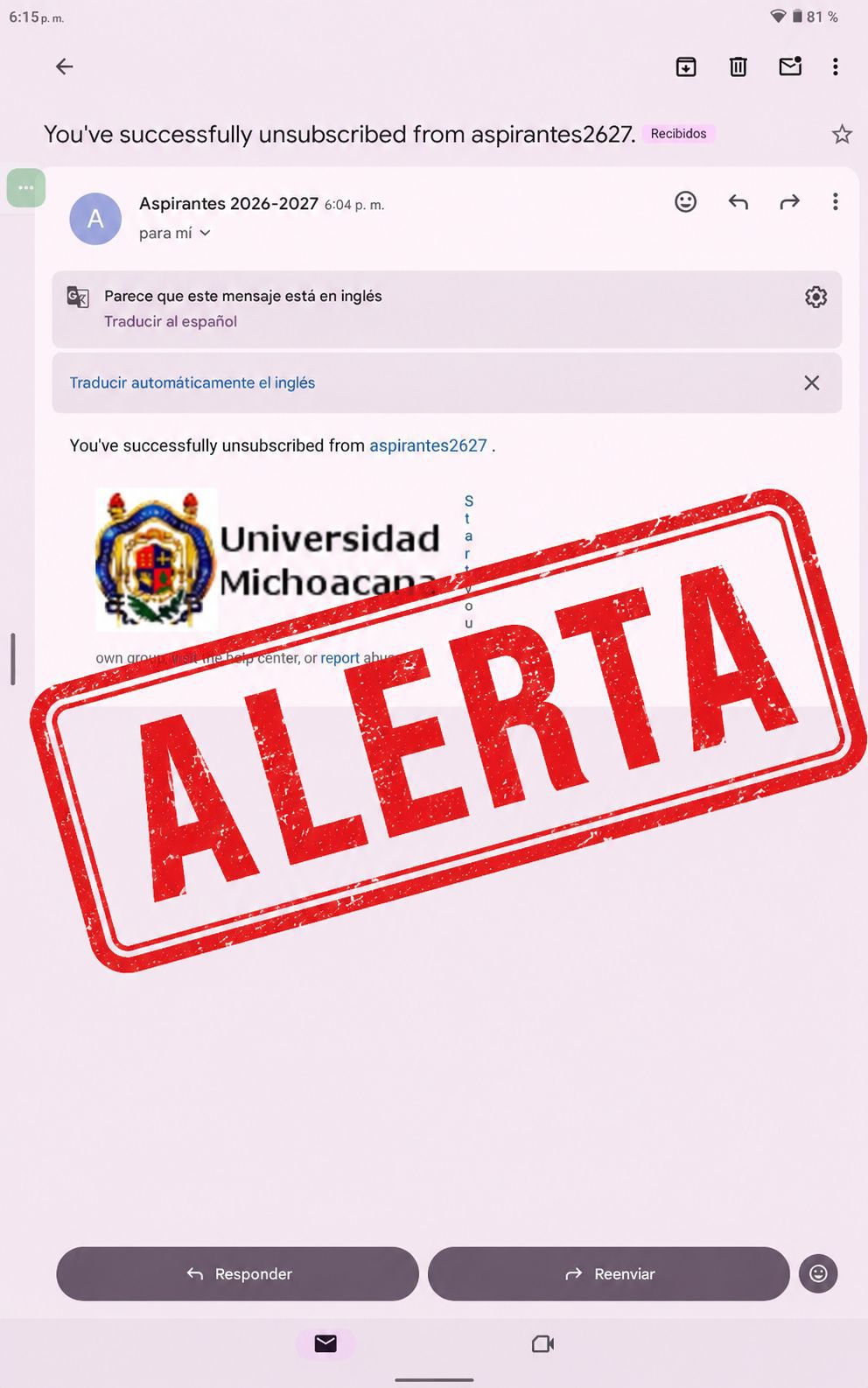 UMSNH alerta sobre envío de correos apócrifos a aspirantes a ingresar a la institución UMSNH alerta sobre envío de correos apócrifos a aspirantes a ingresar a la institución