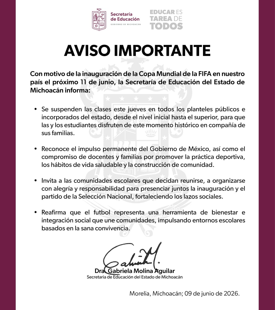 Familias podrán disfrutar de la inauguración del Mundial; no habrá clases el 11 de junio