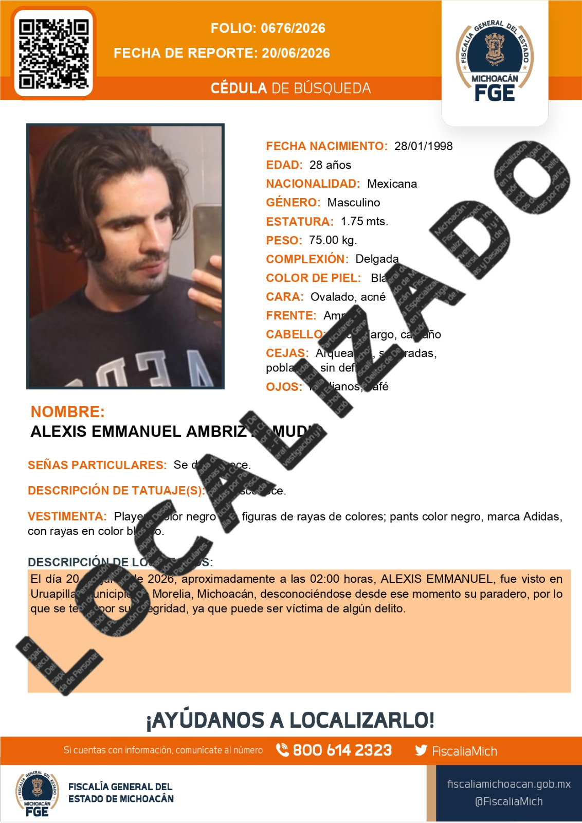 FGE confirma localización sin vida de hombre con cédula de búsqueda activa en Morelia FGE confirma localización sin vida de hombre con cédula de búsqueda activa en Morelia