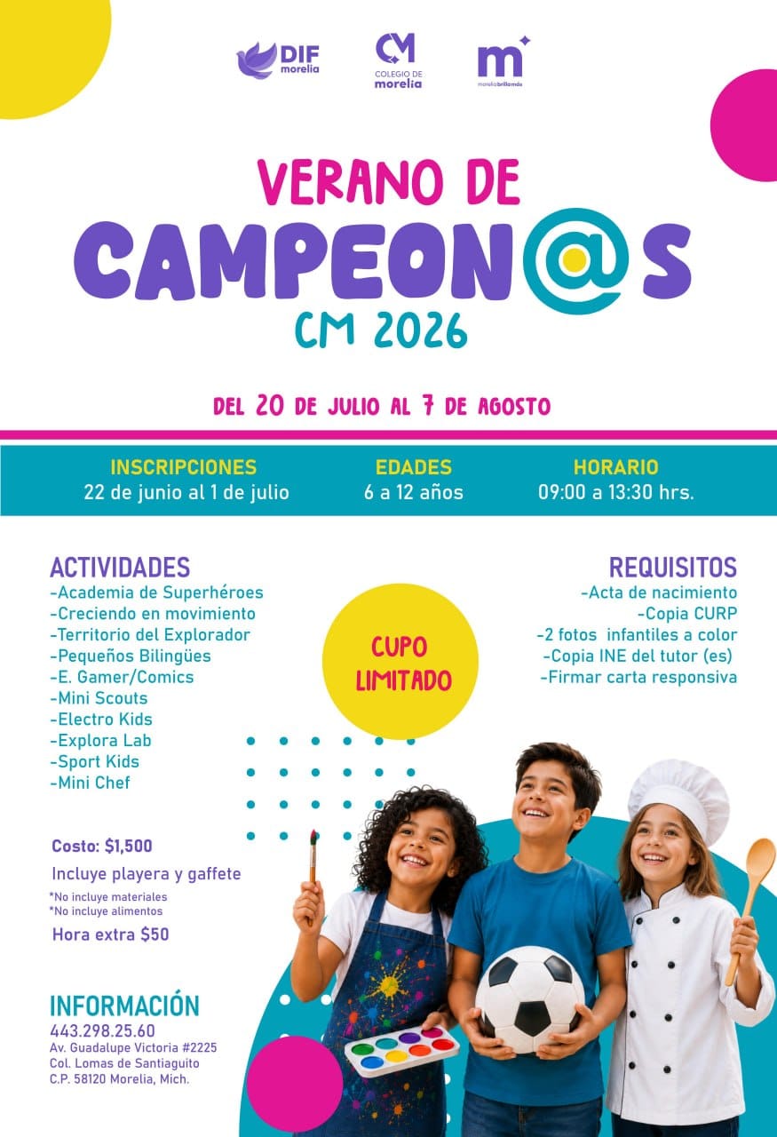 Colegio de Morelia abre inscripciones para “Verano de Campeon@s CM 2026” Colegio de Morelia abre inscripciones para “Verano de Campeon@s CM 2026”
