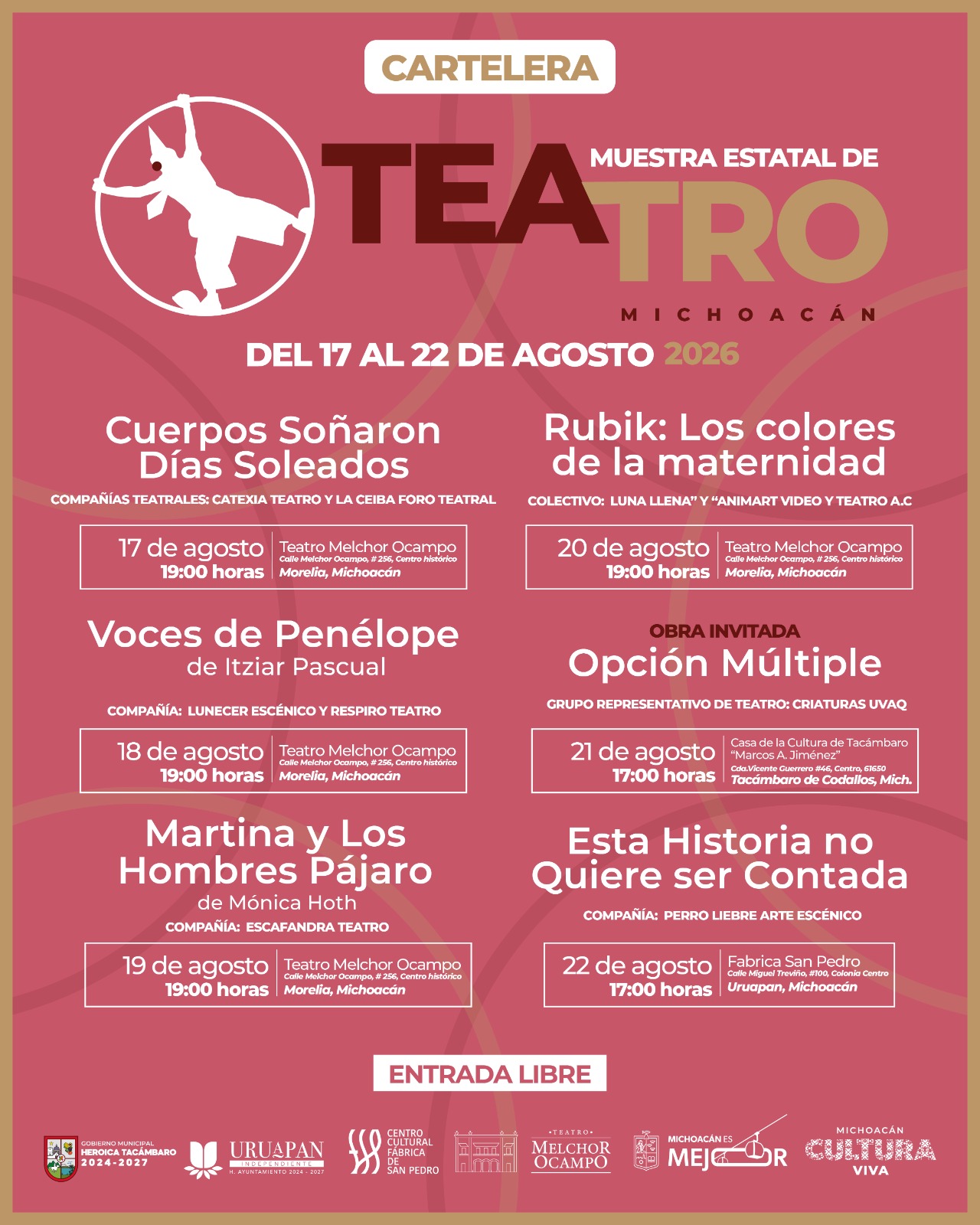 Secum presenta seis montajes en la Muestra Estatal de Teatro Michoacán 2026