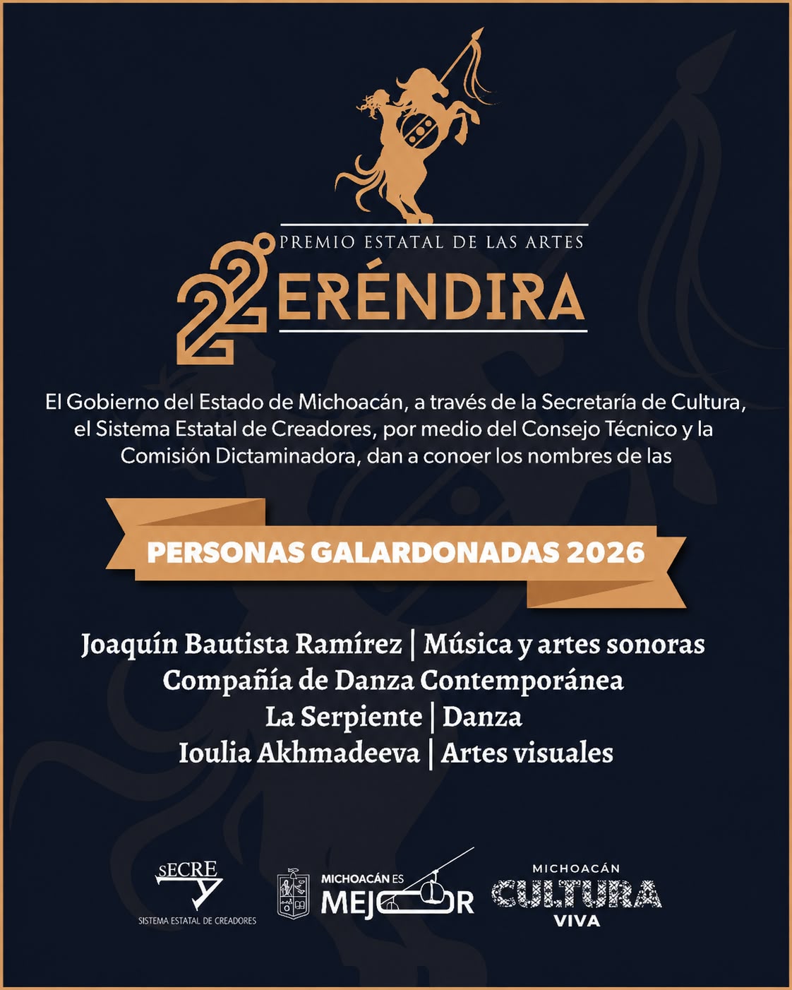 Secum da a conocer a las y los ganadores del Premio Estatal de las Artes Eréndira 2026
