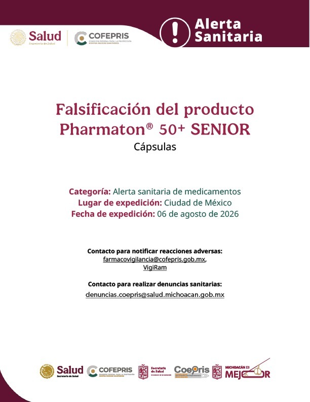 Alerta Cofepris sobre falsificación del producto Pharmaton®️ 50+ SENIOR