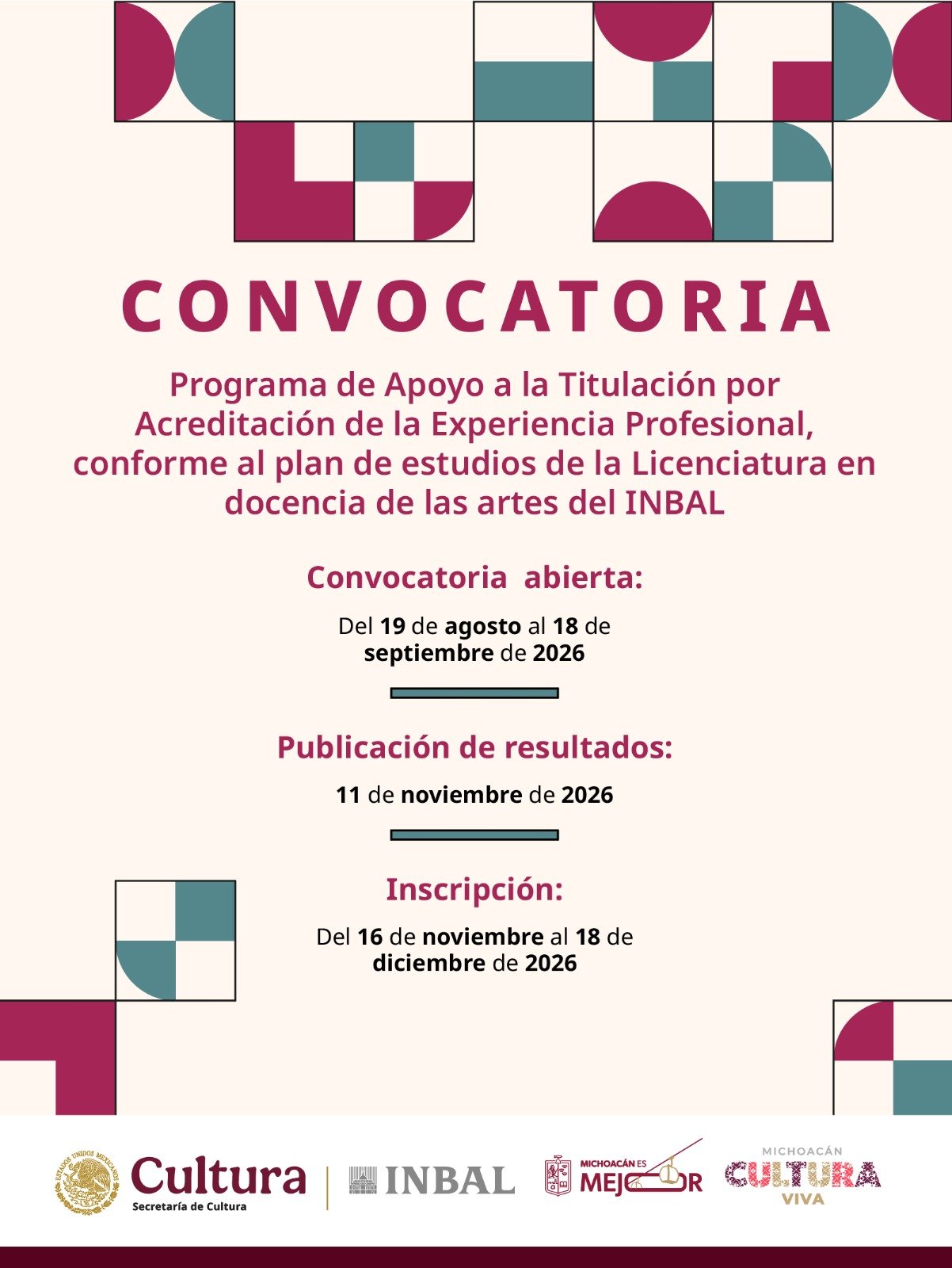 El INBAL y la Secretaría de Cultura de Michoacán emiten convocatoria para la titulación en docencia de las artes El INBAL y la Secretaría de Cultura de Michoacán emiten convocatoria para la titulación en docencia de las artes