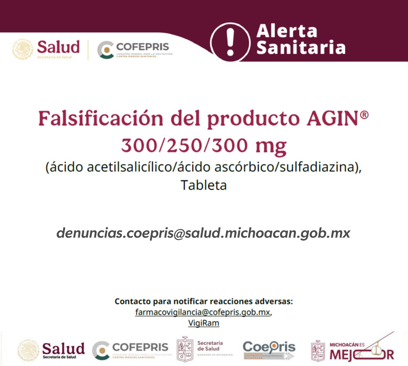 Cofepris emite alerta sanitaria por falsificación del producto Agin®️