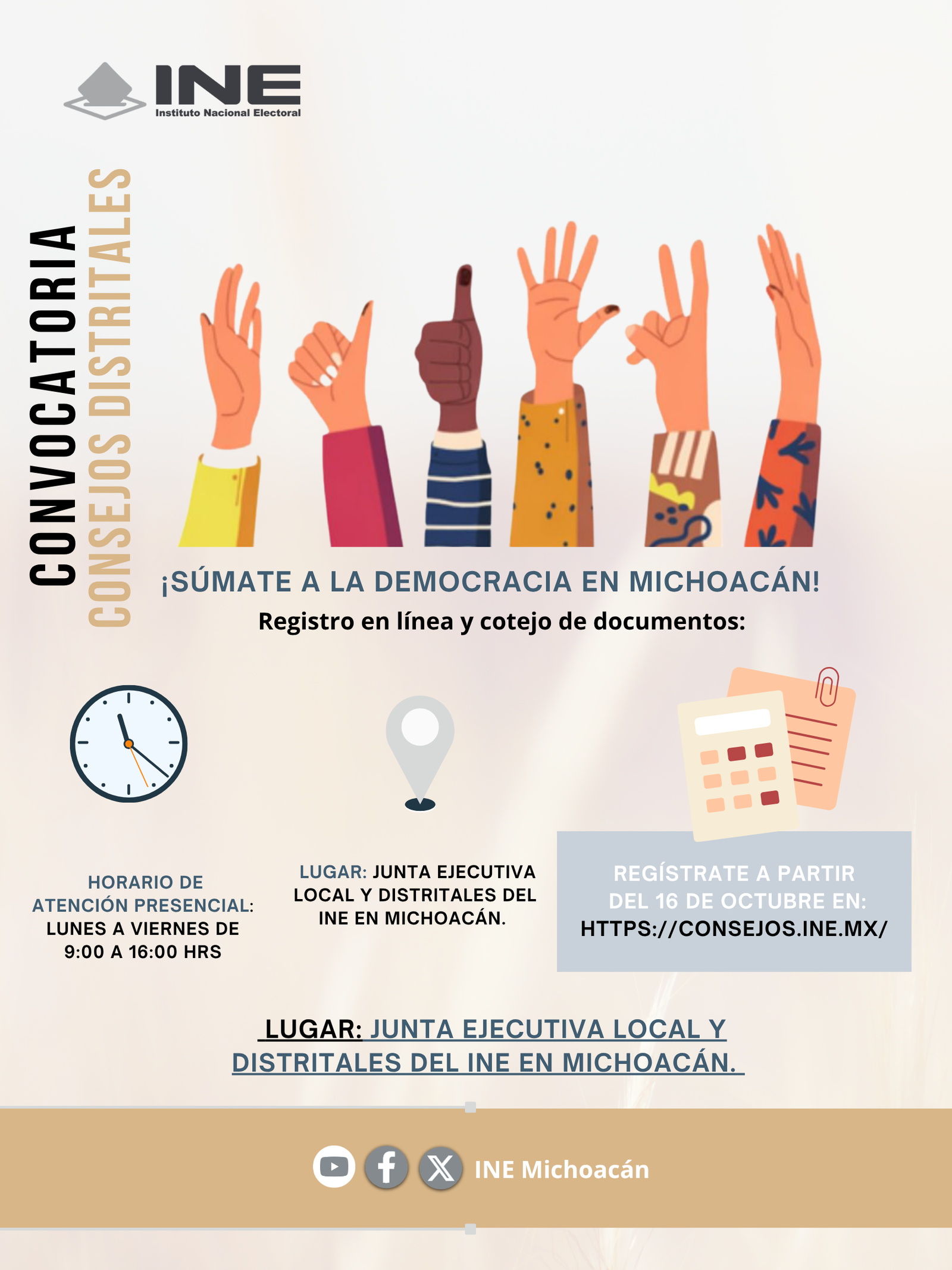 El INE en Michoacán invita a la ciudadanía a participar en el proceso de selección para los 11 consejos distritales de la entidad El INE en Michoacán invita a la ciudadanía a participar en el proceso de selección para los 11 consejos distritales de la entidad