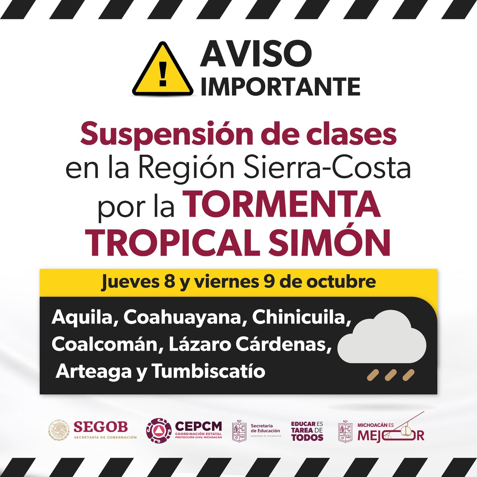Se suspenden clases presenciales en siete municipios por la tormenta tropical Simón