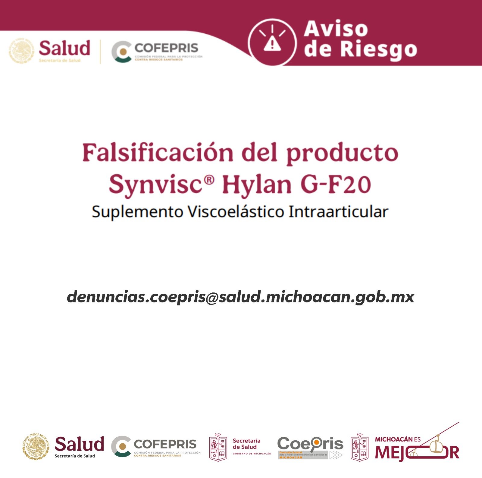 Alerta Cofepris por falsificación del producto Synvisc®️ Alerta Cofepris por falsificación del producto Synvisc®️